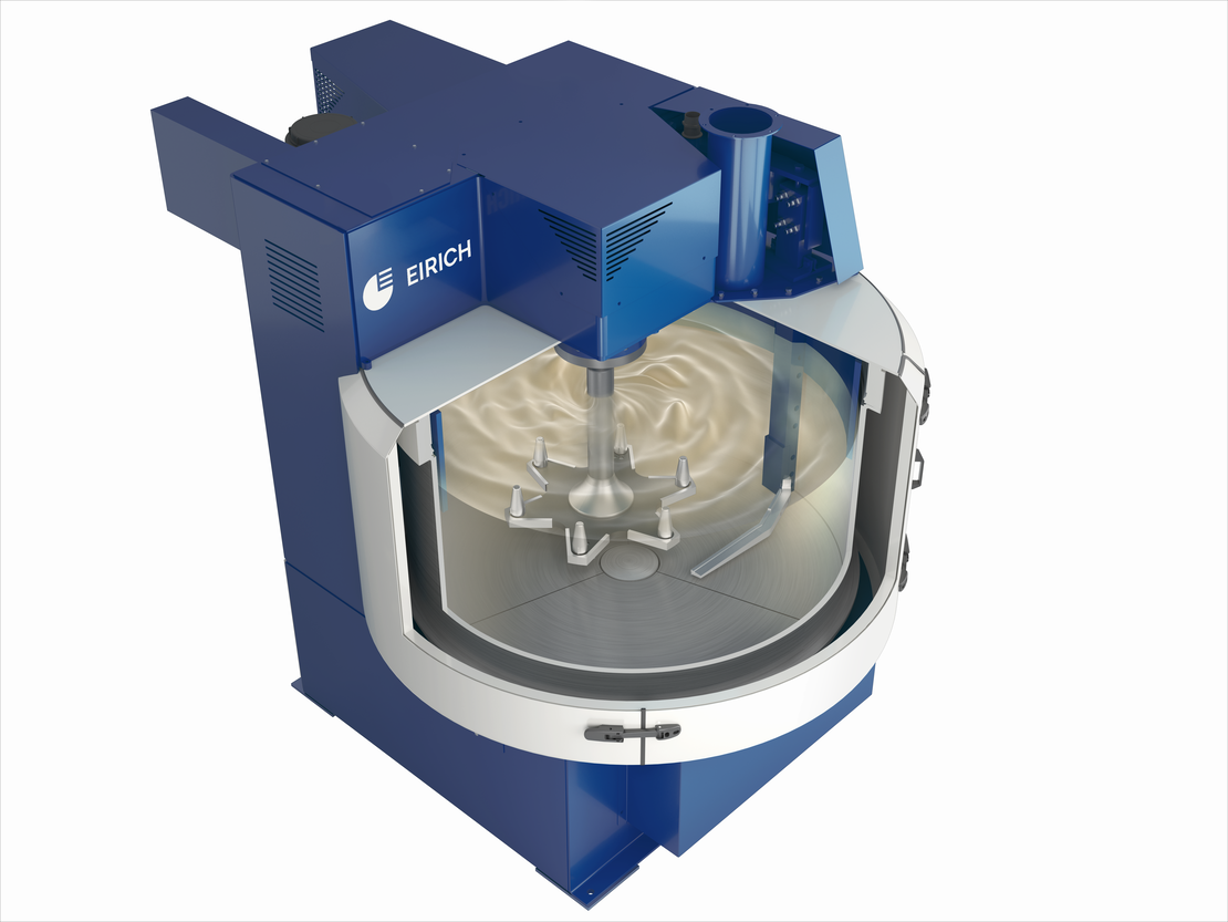 Diagram of the Eirich mixing principle showing the rotating pan and eccentric mixing tool